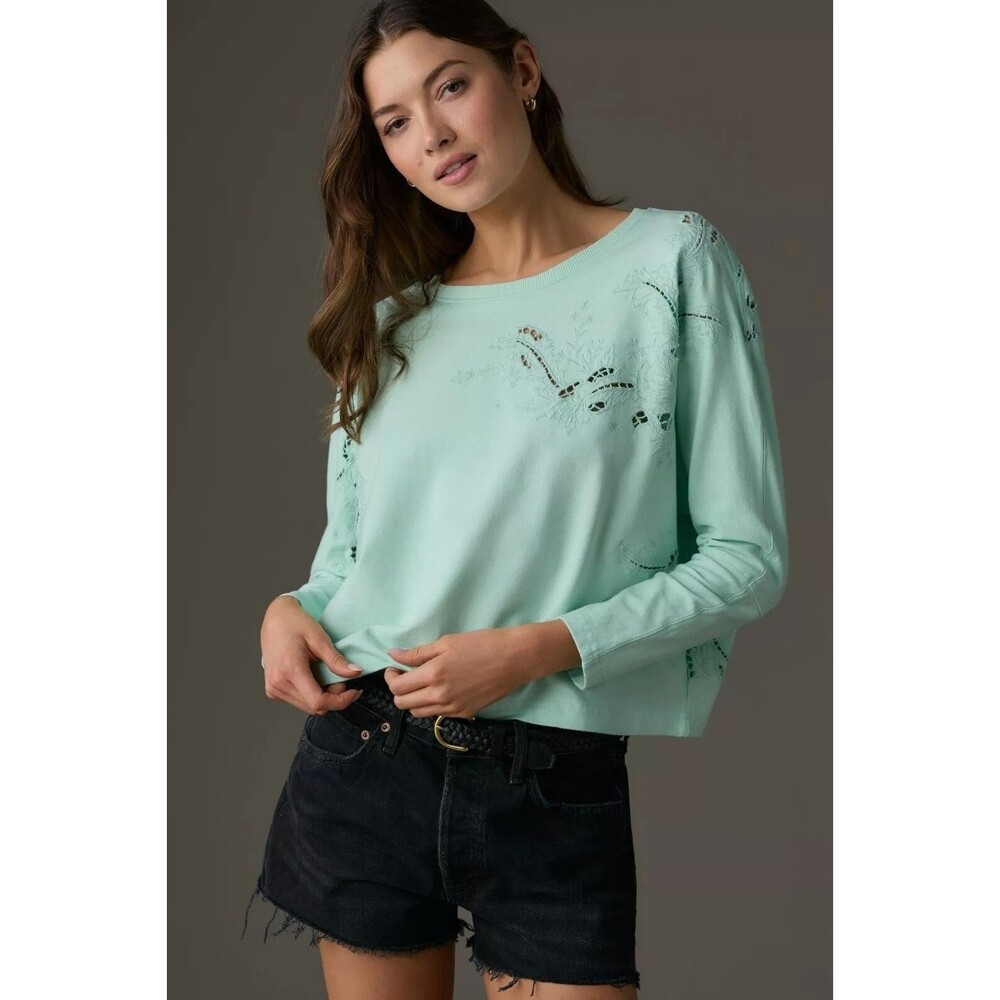 By Anthropologie Embroidered Sweatshirt Blouse Top Eyelet Cotton Casual M 282717